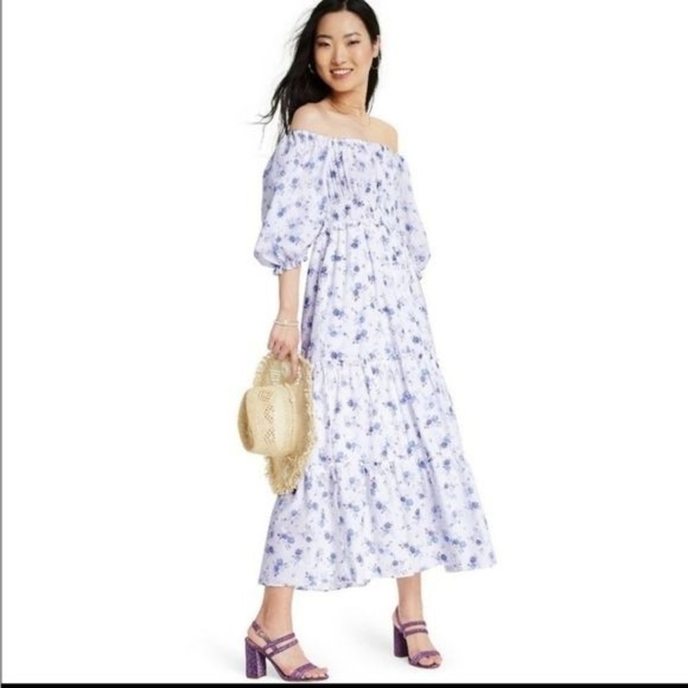 LoveShackFancy Puff Sleeve Floral Midi Dress - S